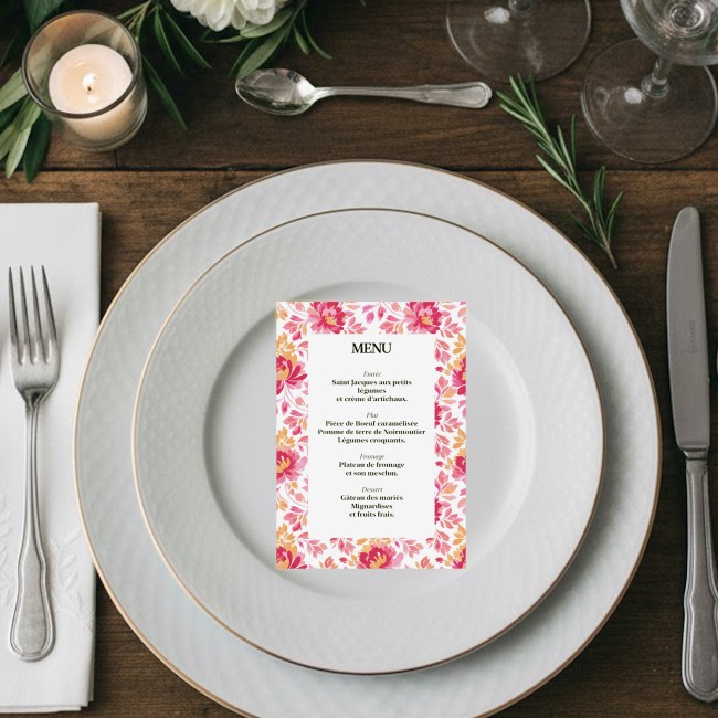 Menu, carte menu, personnalisée motif botanique romantique - Format A6 - Thème romantique folk _ EP4