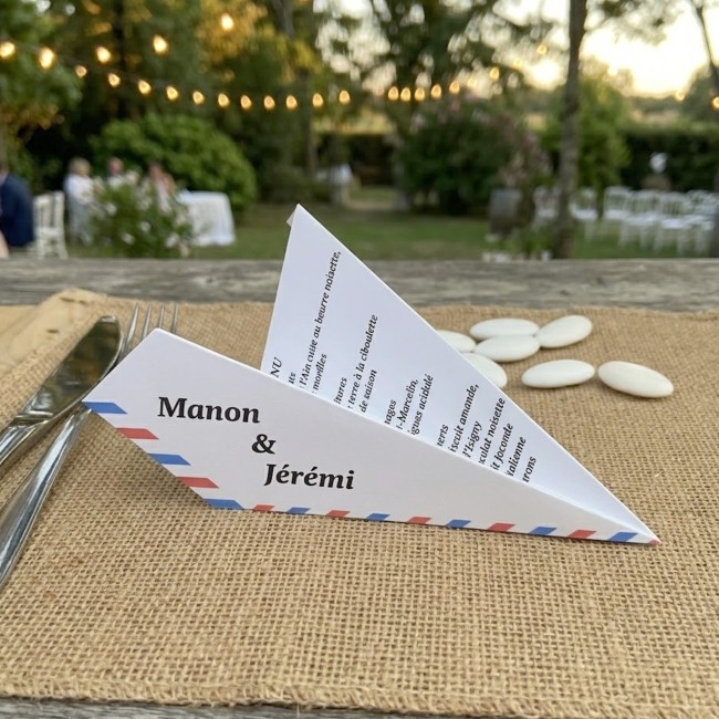 Menu origami avion pour mariage ou anniversaire thème Destination/Voyage, Blanc ou kraft naturel - epL