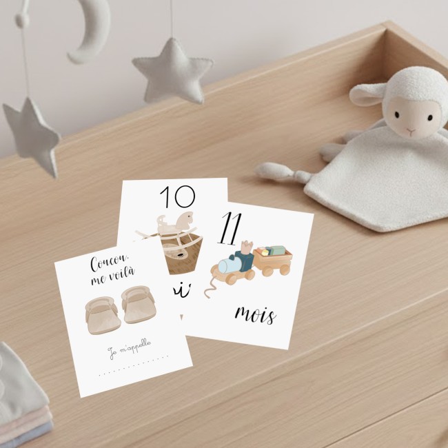 Cartes Etapes bébé - Souvenir photo - 1ère année ou 1ère fois de bébé - Motif enfantin vintage - EPB