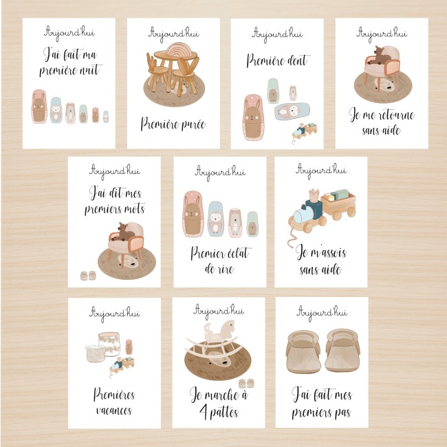 Cartes Etapes bébé - Souvenir photo - 1ère année ou 1ère fois de bébé - Motif enfantin vintage - EPF