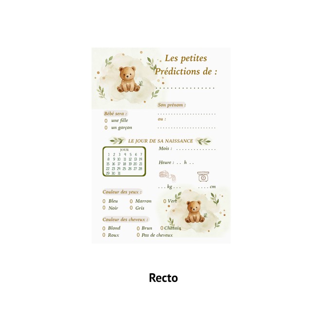 Carte prédiction naissance, Pronostiques, aninmation baby shower et gender reveal - Ourson - EP3 Carte prédiction naissance, Pronostiques, aninmation baby shower et gender reveal - Ourson - EP3