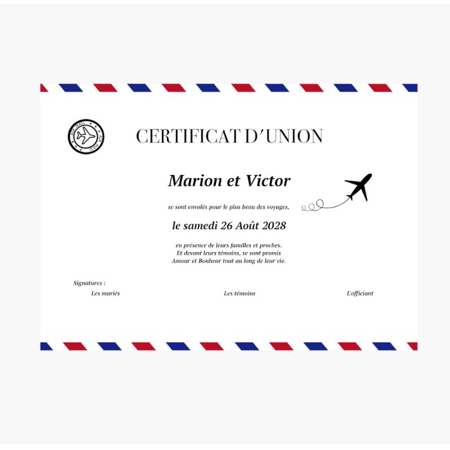 Certificat de mariage ou d'union pour cérémonnie laïque, Mariage thème Destination/voyage - Style Billet d'avion - EPB
