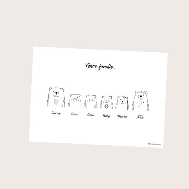 Affiche Famille personnalisée - Famille ours - Décoration murale enfantine minimaliste noir et blanc - Cadeau personnalisé - ep6