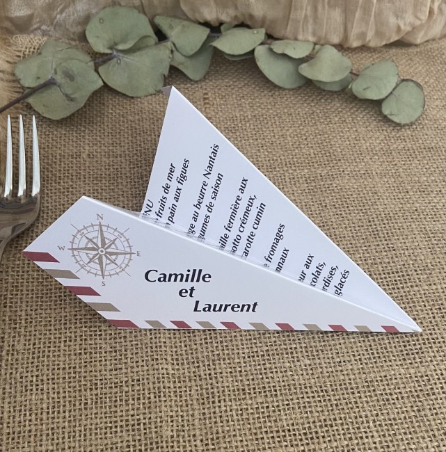 Menu origami avion pour mariage ou anniversaire Thème Destination / Voyage - motif Rose des vents -EPE