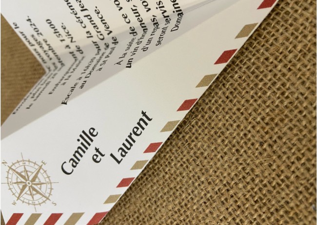 Faire-part, Invitation de Mariage thème voyage/destination - Origami avion - Bordeaux et beige Rose des vents -EPD