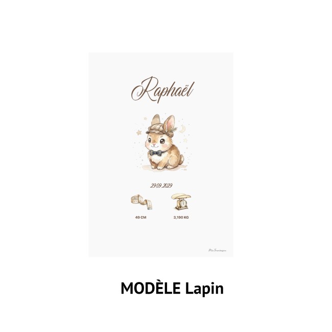 Affiche de Naissance Personnalisée - LAPIN – Décoration Chambre Bébé - EP9