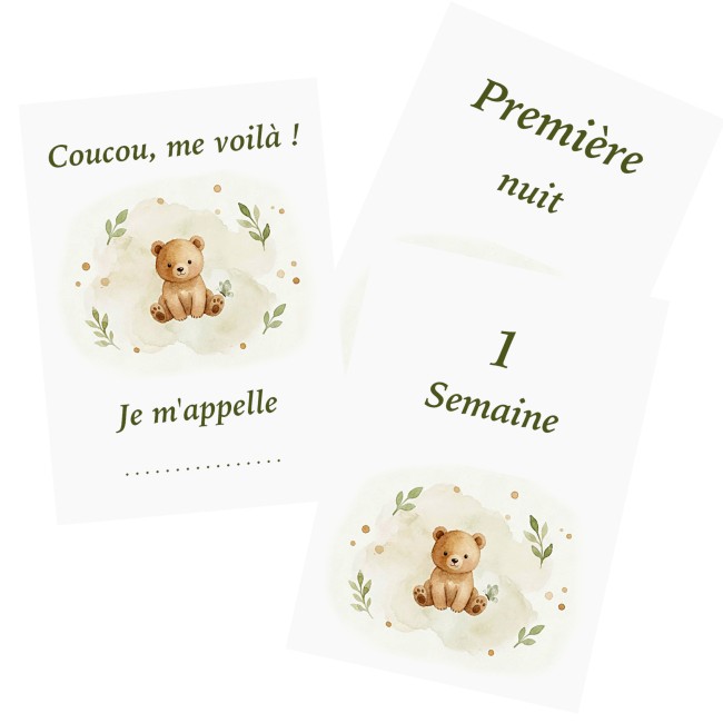 Cartes Etapes bébé - Souvenir photo - 1ère année ou 1ère fois de bébé - Motif Ourson - EP3