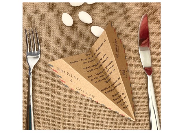 Menu origami avion pour mariage ou anniversaire thème Destination/Voyage, Blanc ou kraft naturel - epb