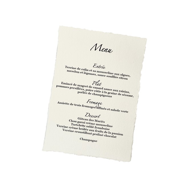 Menu mariage - Carte personnalisée pour mariage - Papier Texturé - Contours effet déchiré - ep2