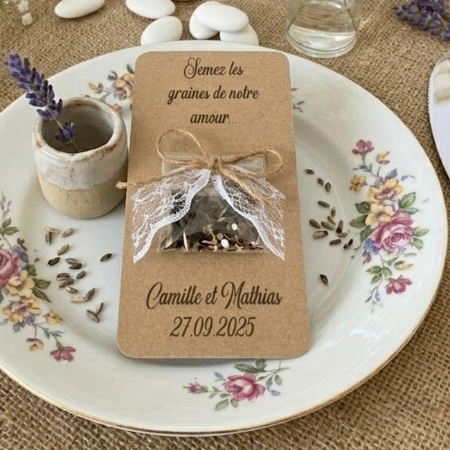 Graines à semer - Cadeaux remerciements invités personnalisés pour Mariage style champêtre, bohème - Modèle Kraft et dentelle - EPD
