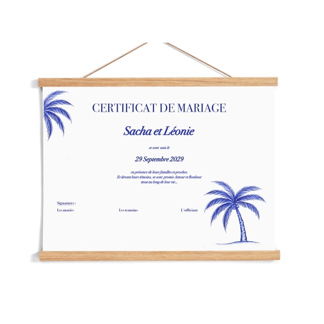 Certificat de mariage ou d'union, cérémonie laïque, mariage Thème Tropical plage, motif palmier bleu -  Chic Azuréen - EPA