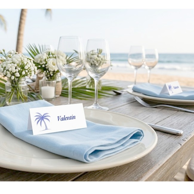 Marque-Place pour Mariage ou anniversaire thème Plage et tropique - Motif palmier bleu - Chic Azuréen - EPG
