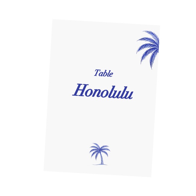 Carte Nom de table personnalisée pour Mariage ou anniversaire thème plage et tropique, motif palmier bleu - EPB