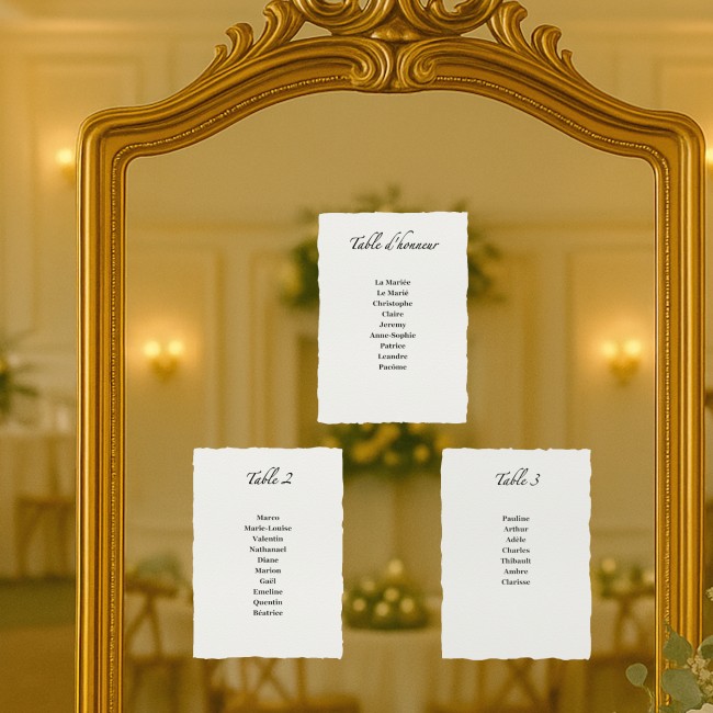 Carte Plan de table personnalisée pour mariage chic et élégant en Papier Texturé et Contours effet déchiré - EP4