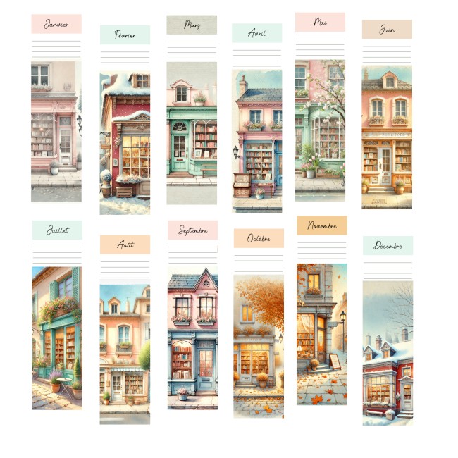 Marque-pages à personnaliser - Lot de 12 - 1 par mois - Motif Libraire papier aquarelle - EPF Marque-pages à personnaliser - Lot de 12 - 1 par mois - Motif Libraire papier aquarelle - EPF