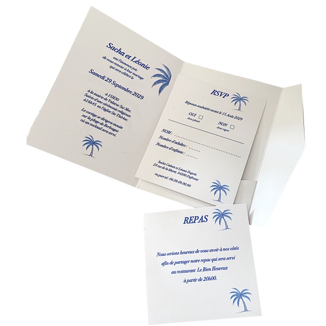 Faire-part Pochette pour mariage - Plages et Tropiques - Palmier bleu - Modèle Chic Azuréen - EPB Faire-part Pochette pour mariage - Plages et Tropiques - Palmier bleu - Modèle Chic Azuréen - EPB