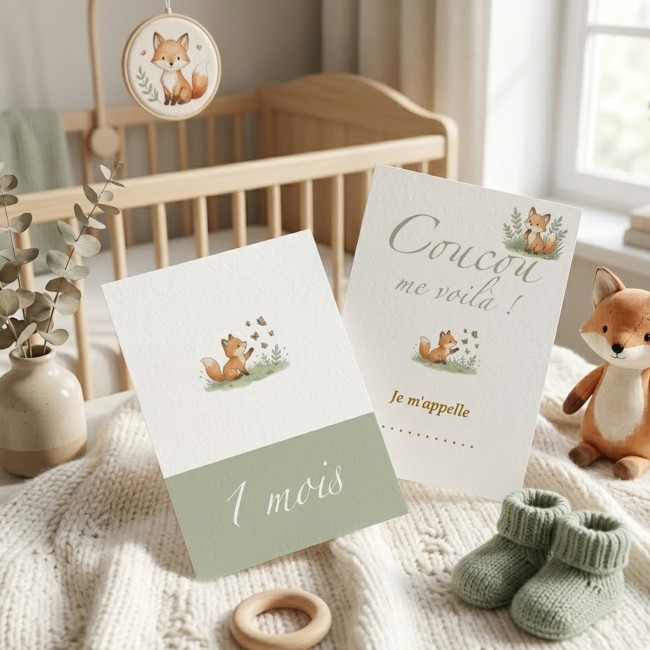 Cartes Etapes bébé - Souvenir photo - 1ère année ou 1ère fois de bébé - Motif petits renards - EP1