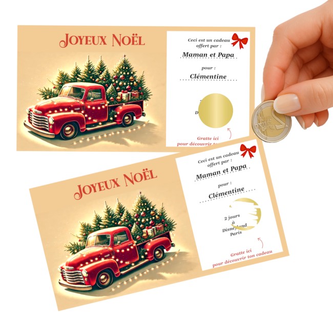 Carte à gratter personnalisée pour message surprise -Pochette Cadeau surprise de Noël, Voyage surprise - Motif Vintage Camionnette - EP4 Carte à gratter personnalisée pour message surprise -Pochette Cadeau surprise de Noël, Voyage surprise - Motif Vintage Camionnette - EP4