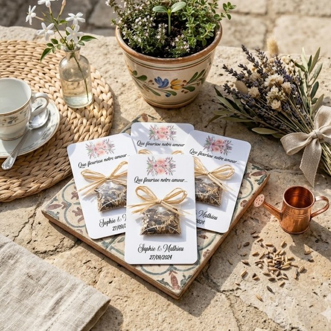 Cadeaux remerciement invités personnalisés - Graines à semer pour Mariage Bohème - Motif Bouquet de fleurs - EP4