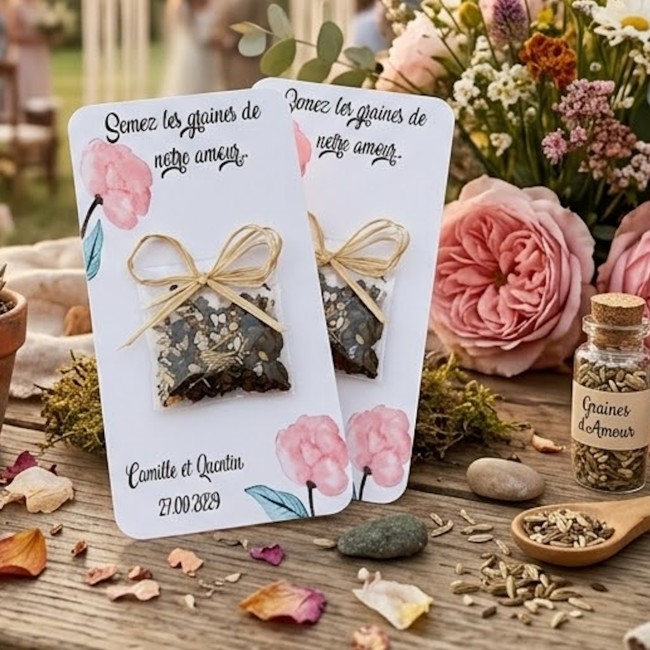 Cadeaux invités personnalisés - Graines à semer - Mariage bohème - Motif Pivoine _ EP3