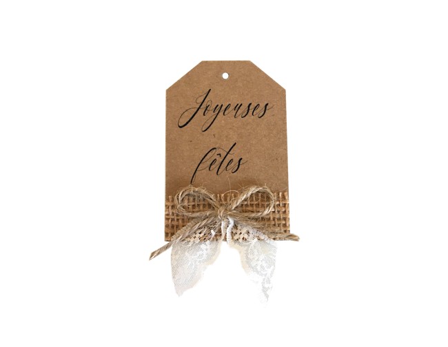 Etiquettes  Joyeuses fêtes - Emballage cadeau Noël - Lot de 8 - Kraft naturel, jute et dentelle - ep2