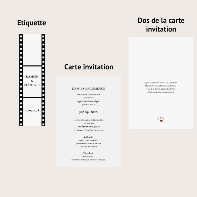 FAIRE-PART DE MARIAGE THÈME CINÉMA - MOTIF NEGATIF PHOTO - EP3