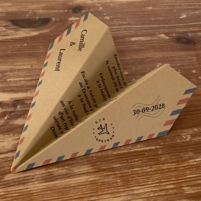 Faire-part de Mariage Thème voyage - Invitation Origami avion - Bleu blanc rouge Version Kraft naturel - EP9