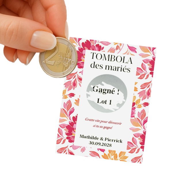 Ticket à gratter Tombola des mariés personnalisé, jeu animation mariage, Motif Botanique romantique - Thème Romantic Folk -EPC