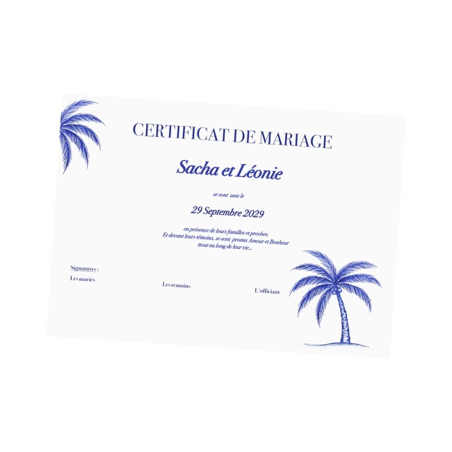 Certificat de mariage ou d'union, cérémonie laïque, mariage Thème Tropical plage, motif palmier bleu -  Chic Azuréen - EPB