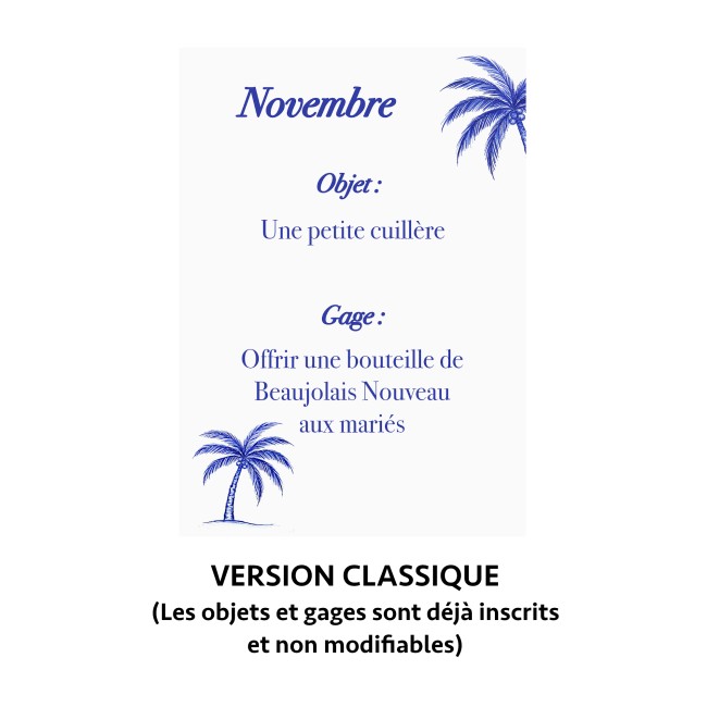 Jeu des 12 mois - Gages mariage, Animation mariage style Plage et tropiques - Palmier bleu - CHIC AZUREEN - epe Jeu des 12 mois - Gages mariage, Animation mariage style Plage et tropiques - Palmier bleu - CHIC AZUREEN - epe