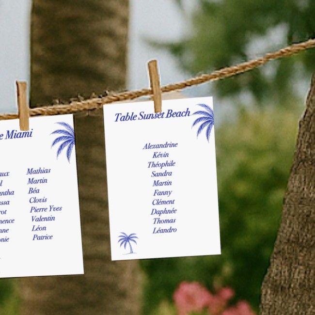 Carte plan de table personnalisée - Décoration Mariage ou anniversaire thème plage et tropiques - Palmier bleu - EP3