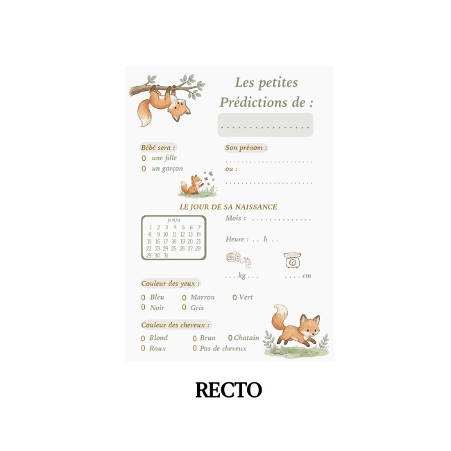 Carte prédiction naissance, Pronostiques, aninmation baby shower et gender reveal - Motif Petit renard - EP4