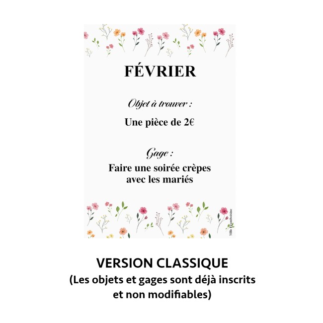 Jeu des 12 mois - Animation mariage Bohème - Gages mariage - Motif Petites fleurs des champs - EP1-5