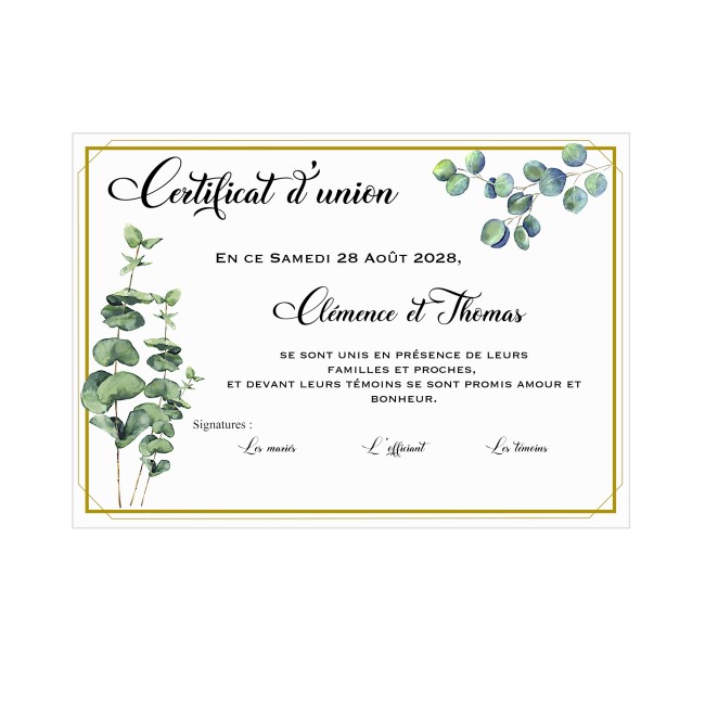 Certificat de mariage laïque, certificat d'union - mariage champêtre - Motif Eucalyptus - EP4