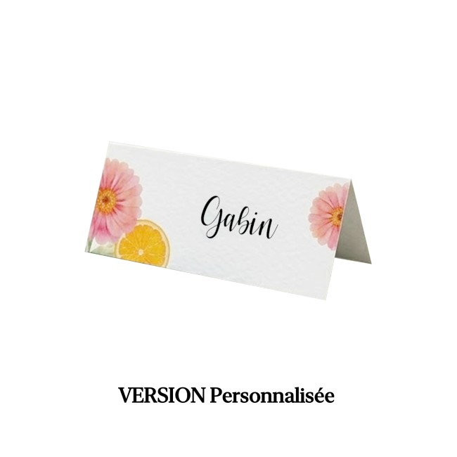 Marque-place personnalisable thème Agrumes – Motif Orange et Fleurs colorées - EPF Marque-place personnalisable thème Agrumes – Motif Orange et Fleurs colorées - EPF
