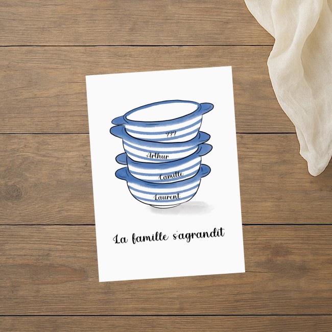 Carte annonce grossesse originale - La famille s'agrandit - Petits bols bretons Rayés Bleu et blanc - EP2