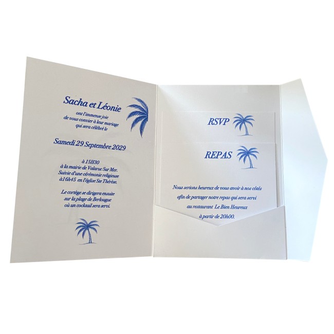 Faire-part Pochette pour mariage thème Plages et Tropiques - Motif palmier bleu - Modèle Chic Azuréen - EP3