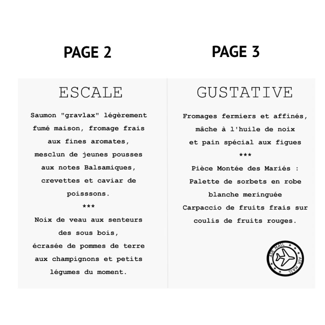 Menu Escale gustative pour Mariage ou Anniversaire thème Destination/Voyage, Avion - EPB