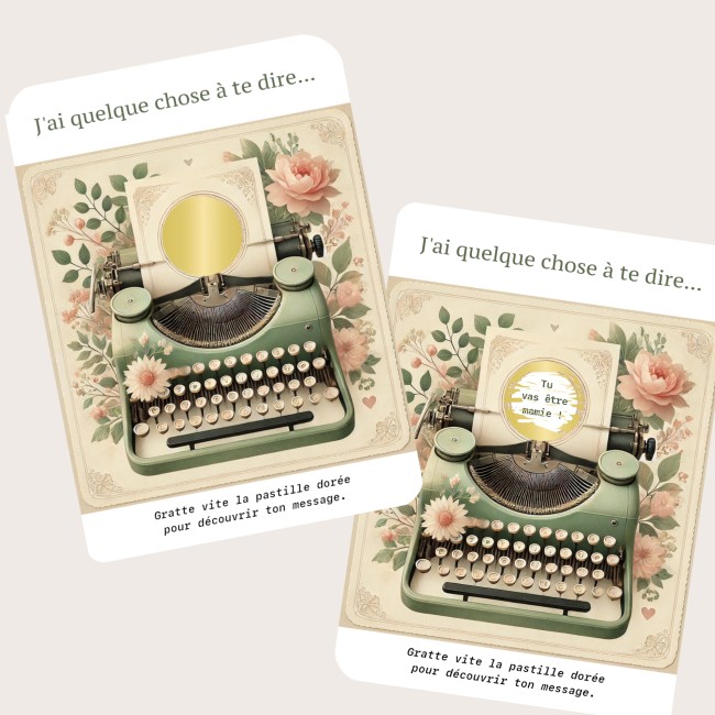 Carte à gratter Annonce grossesse personnalisée - Demande parrain marraine - Machine à écrire - EP3