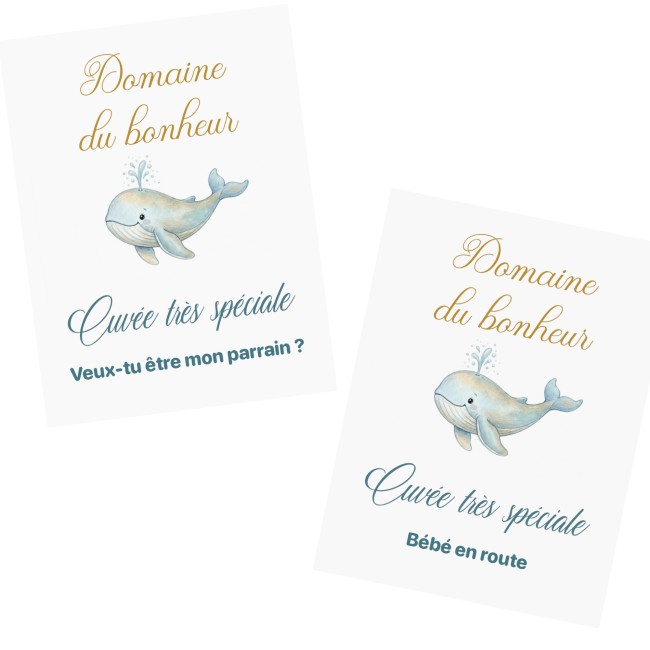 Etiquette autocollante personnalisée pour bouteille - Annonce grossesse / Demande parrain marraine - Baleine -ep6 Etiquette autocollante personnalisée pour bouteille - Annonce grossesse / Demande parrain marraine - Baleine -ep6