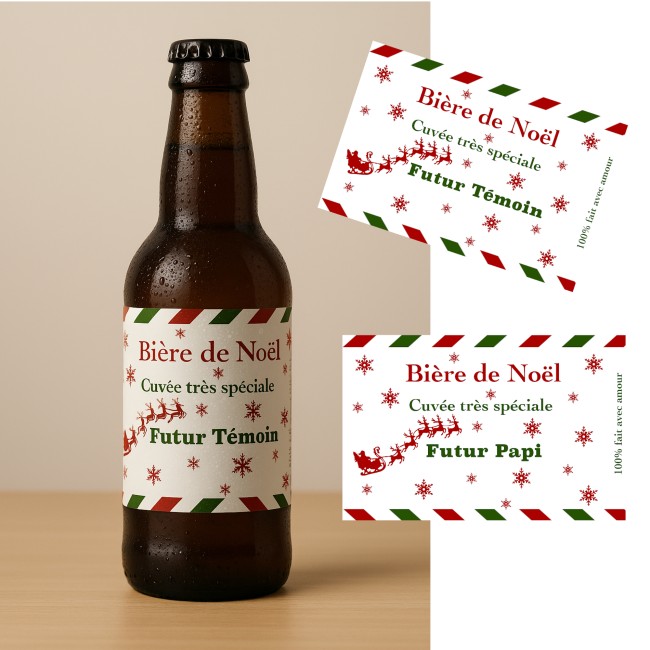 Etiquette autocollante personnalisée pour bouteille de Bière  - Cadeau de Noël original - Annonce grossesse, Demande parrain, témoin. ep1