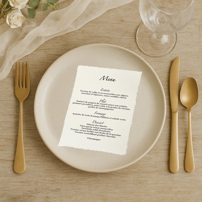 Menu mariage - Carte personnalisée pour mariage chic et élégant en Papier Texturé et Contours effet déchiré - EPE
