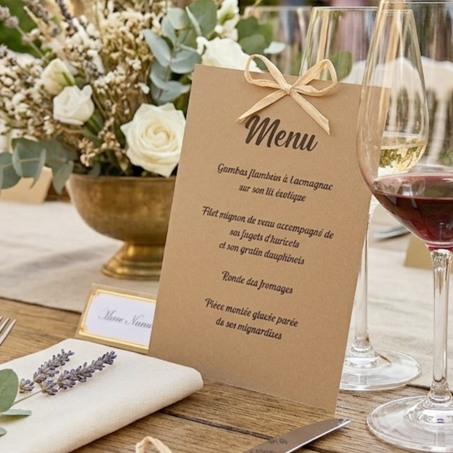 Menu personnalisé en Kraft Naturel et Raphia – Décoration de Table Champêtre Chic _ EPB