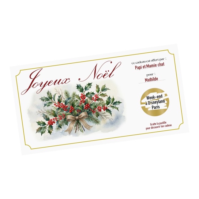 Carte à Gratter Personnalisée – Cadeau de Noël Surprise - Motif Houx - EP3 Carte à Gratter Personnalisée – Cadeau de Noël Surprise - Motif Houx - EP3