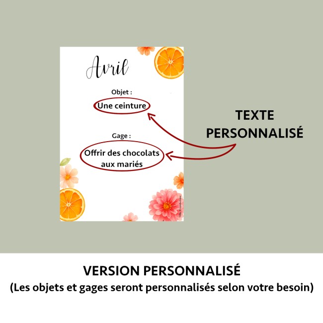 Jeu des 12 mois - Gages mariage, Animation mariage style Bohème, champêtre - Modèle Orange florale - EP6