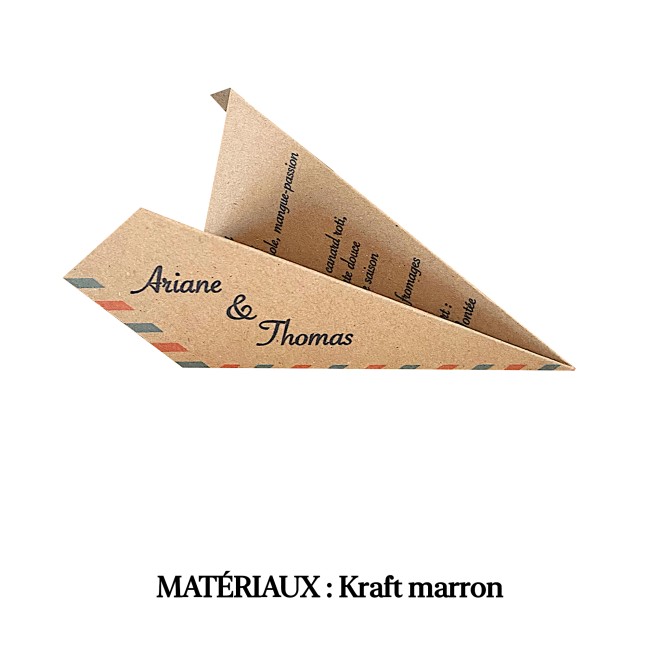 Menu origami avion pour mariage ou anniversaire thème Destination/Voyage, Blanc ou kraft naturel - epO