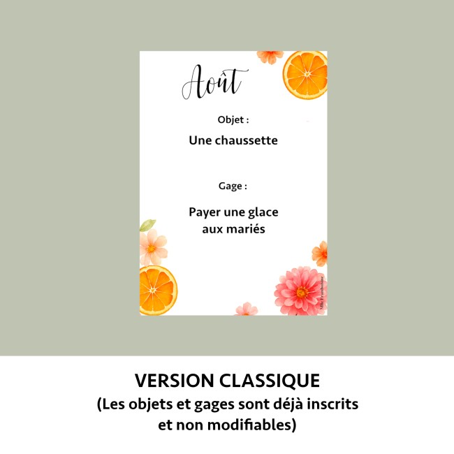 Jeu des 12 mois - Gages mariage, Animation mariage style Bohème, champêtre - Modèle Orange florale - EP4