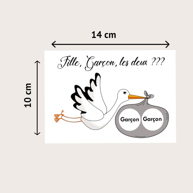 Carte à gratter Annonce du sexe de bébé -Spéciale grossesse gémellaire - Motif Cigogne - EP5
