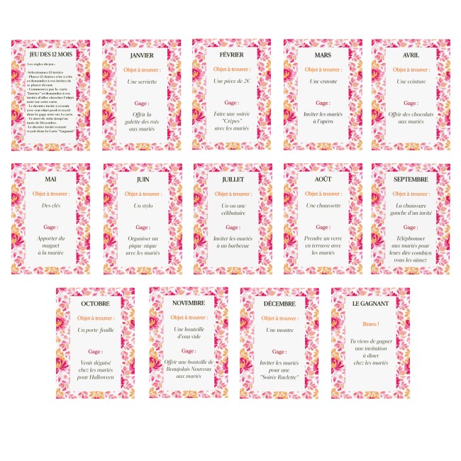 Jeu des 12 mois - Gages mariage, Animation mariage style Bohème - Motif Botanique romantique - EPB