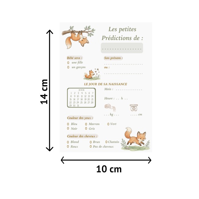 Carte prédiction naissance, Pronostiques, aninmation baby shower et gender reveal - Motif Petit renard - EP6